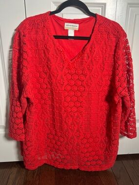 Alfred Dunner Bright Red Crochet Lace Beaded V-Neck Top